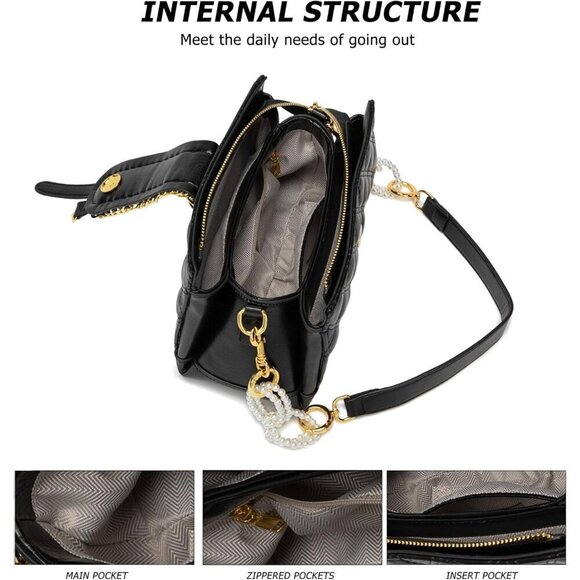 🆕Women Black Shoulder Elegant Clutch Purse with Pearl Chain Strap Crossbody Bag - Picture 4 of 6